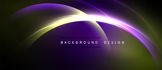Abstract flowing lines create dynamic purple, gold gradients. Dark background emphasizes bright curves, text overlay present.