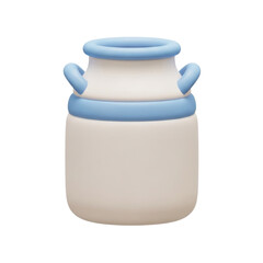 A 3D rendered milk can with a classic churn design, featuring blue accents. This vector style illustration is perfect for dairy and farm-themed projects, isolated on a white background