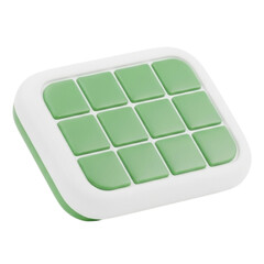 A square-shaped electronic device with a grid of twelve green buttons and a white frame, isolated on a white background, representing a control panel or interface for technology