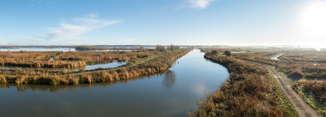 Panoramic view from Roerdump observation tower over Oostvaardersplassen national park on a winter morning, Netherlands