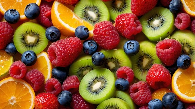 vibrant mix of fresh fruits, showcasing a colorful assortment of healthy produce
