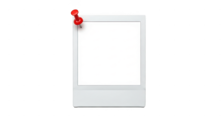 Blank white instant photo frame pinned with a red thumbtack isolated on transparent background