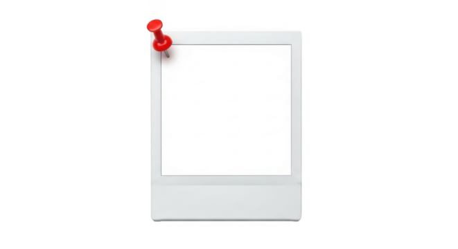 Blank white instant photo frame pinned with a red thumbtack isolated on transparent background - Powered by Adobe