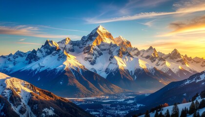 Obraz premium Majestic Snowy Mountain Range Illuminated by Golden Sunset Light