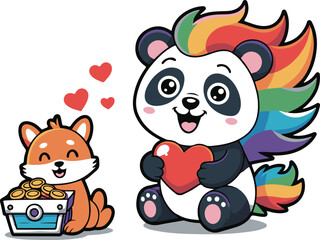 Obraz premium Cartoon panda with rainbow mane and fox cub with treasure chest