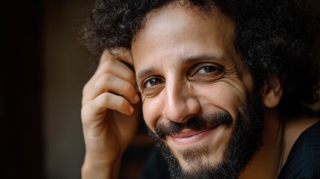 Close-up of a friendly man with dark curly hair and a full beard smiling genuinely while gazing directly at the camera, hand resting near his head