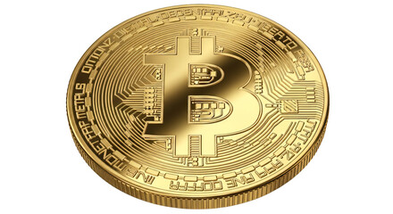 Golden bitcoin cryptocurrency coin with intricate circuit design for digital currency and blockchain technology concepts on transparent background