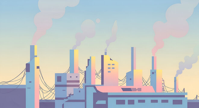 Industrial Landscape Stylized Illustration of Factory Complex with Chimneys and Power Lines