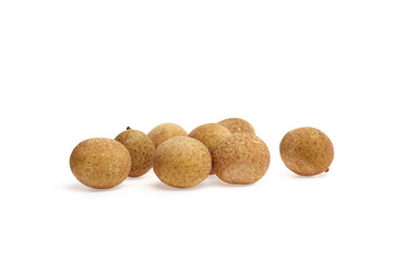 Longan tropical fruit, featuring smooth brown skin and round shape, arranged artistically on a clean white background, highlighting its natural beauty and freshness