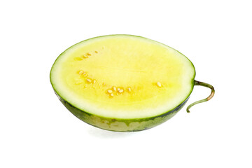 Yellow watermelon half showcasing vibrant flesh and seeds, with a smooth green rind, highlighting the unique characteristics of this refreshing fruit variety