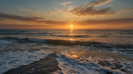 Fototapeta premium a picturesque sunset over the ocean, with the sun casting a warm glow across the water