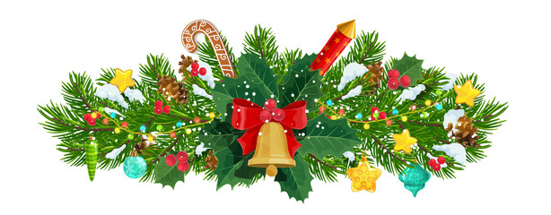 christmas tree decorations on white background xmas branch and fir decoration with ribbon bells and stars