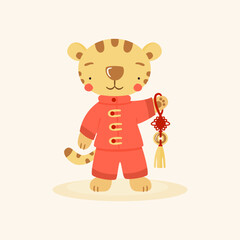 Cute cartoon chinese tiger in red costume with Feng Shui lucky coin. Funny animal character, symbol of 2022 according to the Chinese or lunar calendar.
Flat vector illustration.