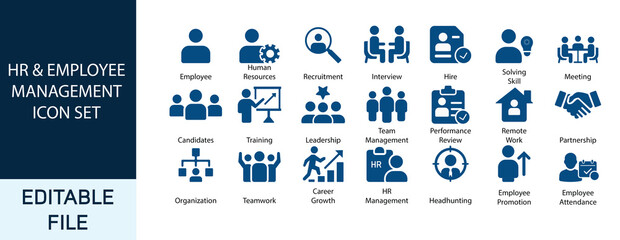 Essential human resources and employee management vector icons