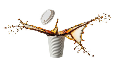Coffee splashes from a white paper cup with a lid floating creating a dynamic and energetic beverage still life on transparent background