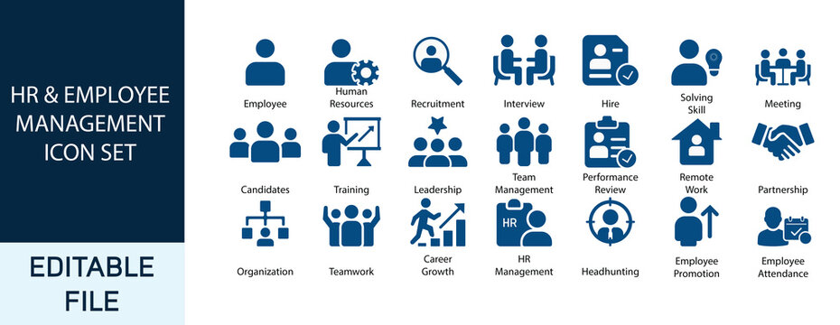 Essential human resources and employee management vector icons