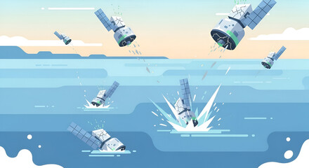 Fototapeta premium Debris of Satellites Falling into the Ocean Pollution in the Sea After Space Exploration