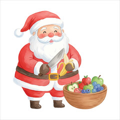 Santa Claus preparing fruit salad watercolor vector for Christmas isolated on white background
