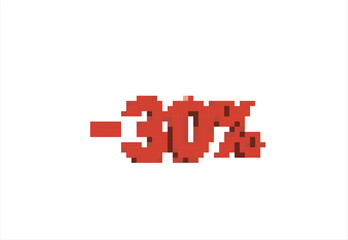 Pixelated Red Minus 30 Percent Discount Sticker. 8 bit. Game development, mobile app. Isolated vector illustration.