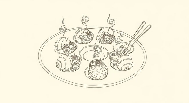 line art escargots on plate, ready to eat clip art preview