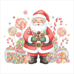 Santa Claus in candy shop watercolor vector for Christmas isolated on white background

