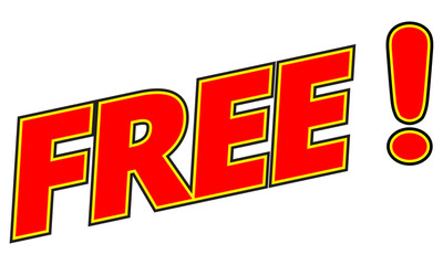 Bold free text label, promotional offer message graphic, bright announcement design for discount banners, sale signs and marketing visuals