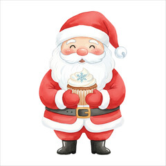Santa Claus holding cupcake with snowflake watercolor vector for Christmas isolated on white background
