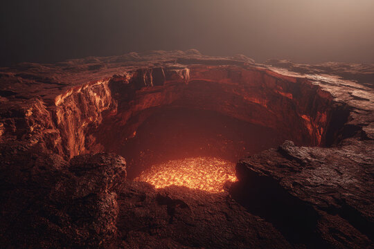 Volcanic crater with glowing magma rocky terrain misty atmosphere dramatic lighting intense heat natural landscape danger geothermal energy blurred background powerful nature