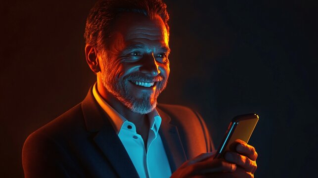 Joyful executive with smart device