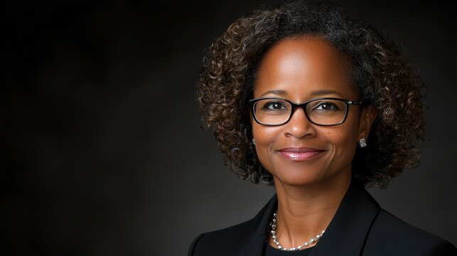 Head and shoulders portrait of a smiling African American woman wearing glasses and a business suit against a dark studio backdrop