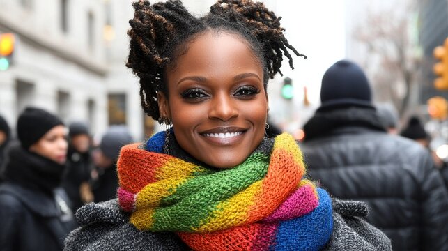 A happy woman with locs smiles for the camera on a New York City street. She wears a gray coat and a bright, multi-colored knitted scarf