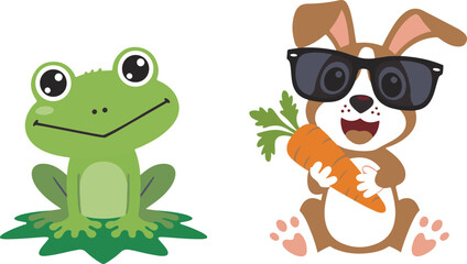 Fototapeta premium Cute Cartoon Frog on Lily Pad and Cool Bunny with Carrot