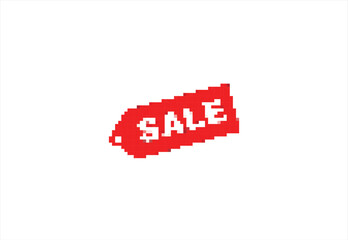 Red Pixel Art Sale Tag Icon. 8 bit. Game development, mobile app. Isolated vector illustration.