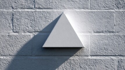 Minimal white triangular sign attached to brick wall creating sharp shadow, high-quality mock-up ideal for microstock use and commercial purposes, perfect for adding text