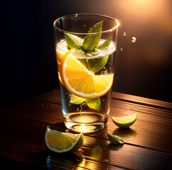 Ch&aacute; de cidreira com lim&atilde;o em copo de vidro sobre mesa de madeira em fundo escuro