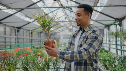 Man enjoys caring for a small potted plant inside a vibrant greenhouse filled with various plants and flowers during a sunny day