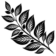 Black and white stylized botanical branch with detailed leaves isolated on