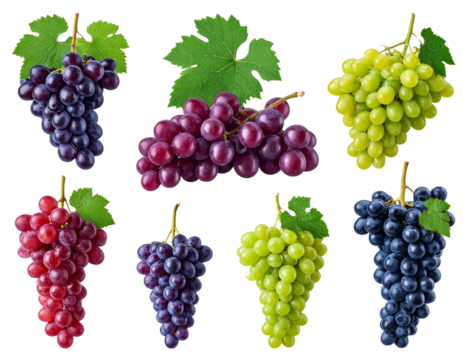  - Variety Pack of Fresh Grape Bunches with Different Shapes and Sizes, Isolated on Transparent Background 