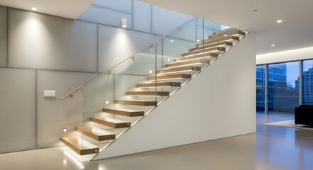Obraz premium Modern staircase interior with glass railing and architectural lighting.