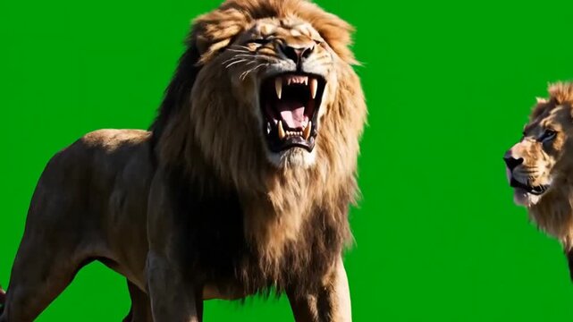 Majestic lions roaring powerfully showcasing animal behavior on vibrant green screen background. green screen chroma key background