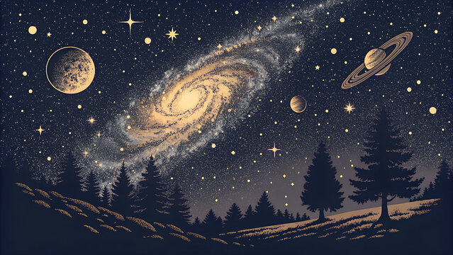 Pointillist style milky way, galaxy, nebula, stars. Vintage stippled background of deep space universe. Vector illustration in retro grainy grunge texture for music poster, concert banner, cd, collage