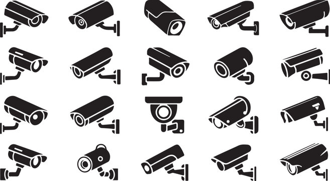 Security Cameras Icons Set Surveillance System Technology Flat Vector Illustration
