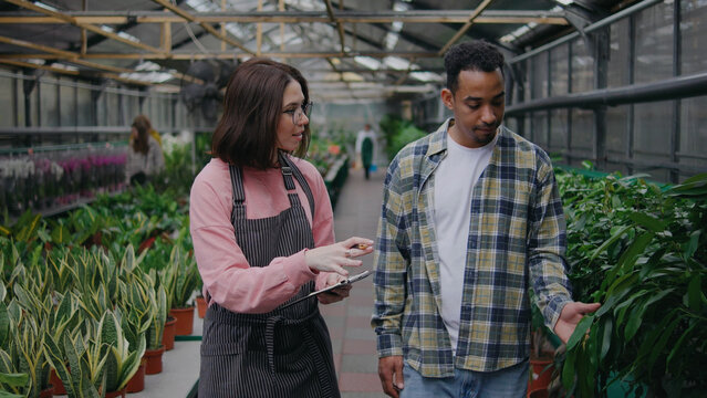 Gardener and customer discuss plant care in a vibrant greenhouse during a sunny afternoon in spring