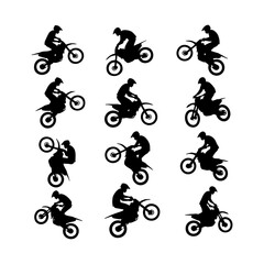 Naklejka premium Vector illustration of BMX bikers. BMX bike tricks silhouette set. A biker doing freestyle tricks on his motorcycle silhouette