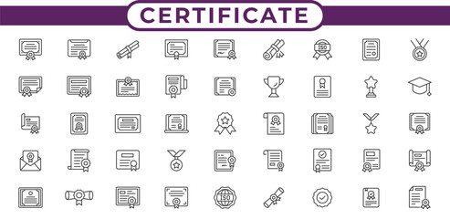 Certificate Line Icon Set. Award, Diploma, Achievement, Badge, Recognition and Document Outline Vector Pack. Professional Editable Stroke Icons for Certificates and Education Designs