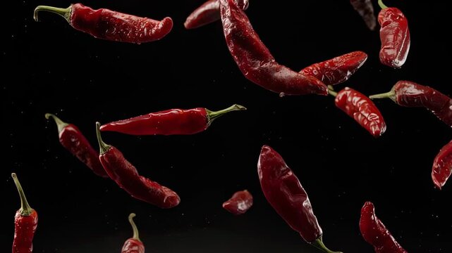 Red Hot Chili Peppers Falling in Slow Motion on Black Background.