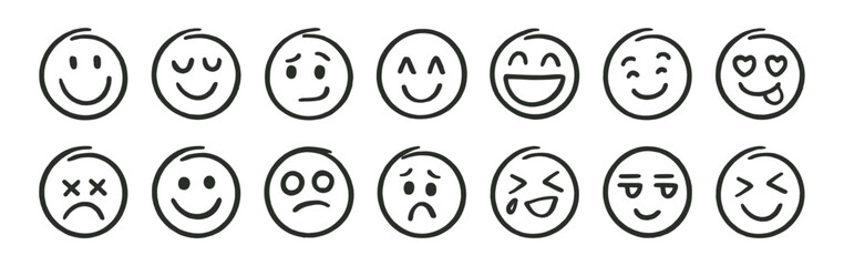 Hand drawn doodle emoticon set with various expressions. Funny cartoon faces in chalk or marker sketch style. Cute feedback emoji icons on transparent background.