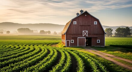 Barn on Rural Farmland at Sunrise with Crops in Rows
