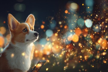 Cute dog captivated by smartphone under moonlight. Ai immersion control. Artificial intelligence meets immersive spatial control. Adorable dog. Ai-driven ui systems.