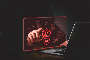 Artificial intelligence threat warning sign man using computer red glowing robot symbol digital brain cybercrime data breach smart automation system future technology machine learning.